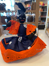 Handmade Sitting Doll Blue and White w/orange lace