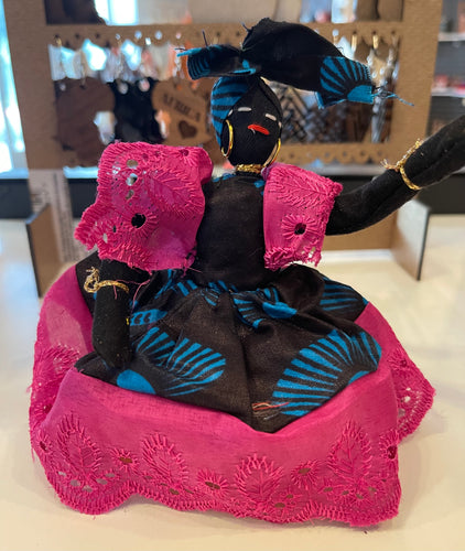 Handmade Sitting Doll Black and Blue W/Pink Lace